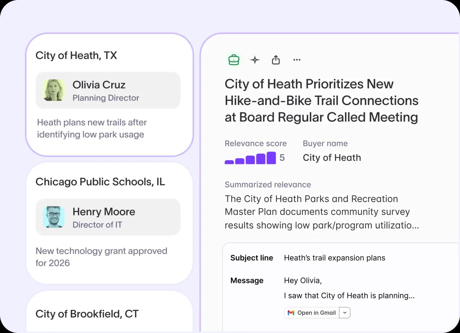 A public-sector account feed listing districts and cities with named contacts beside an expanded buying signal for one account